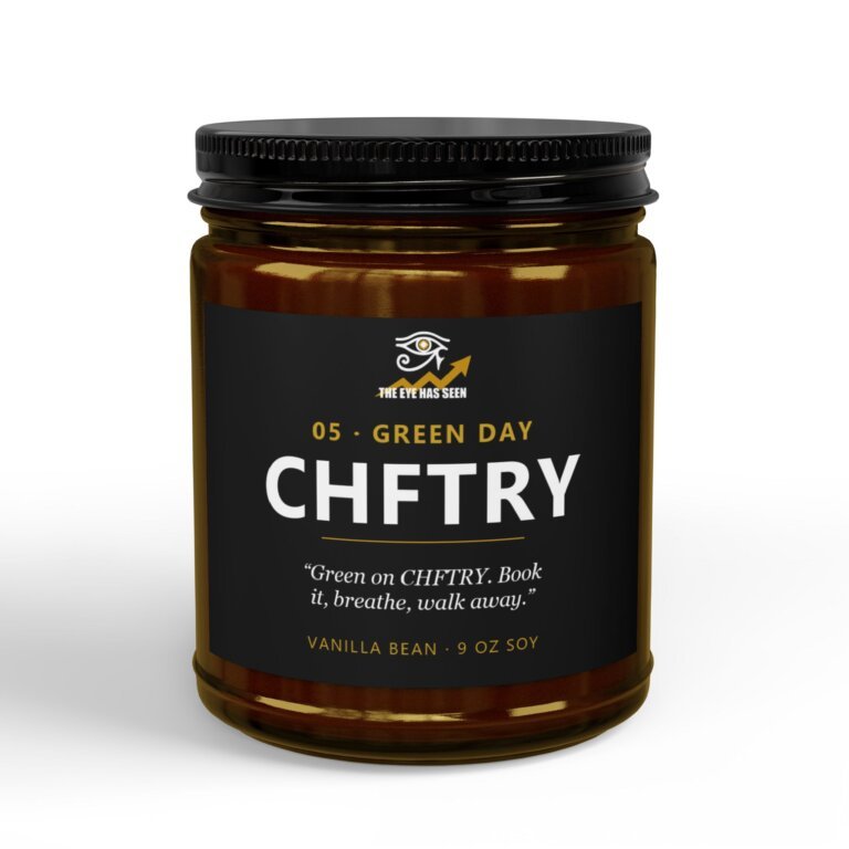 CHFTRY Trader Candle – 8 Session Scents, 9oz Soy, Amber Jar