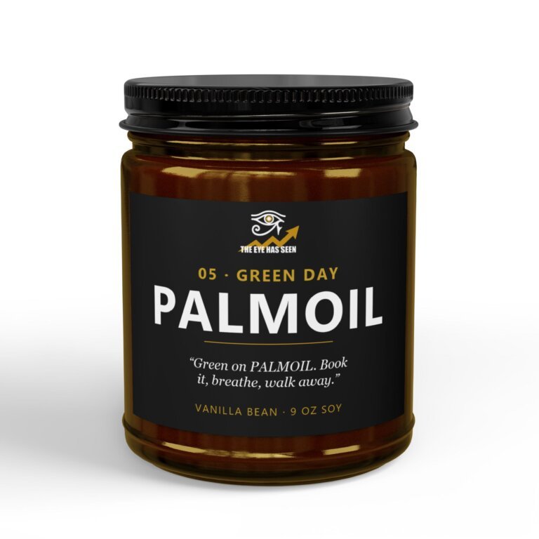 PALMOIL Trader Candle – 8 Session Scents, 9oz Soy, Amber Jar