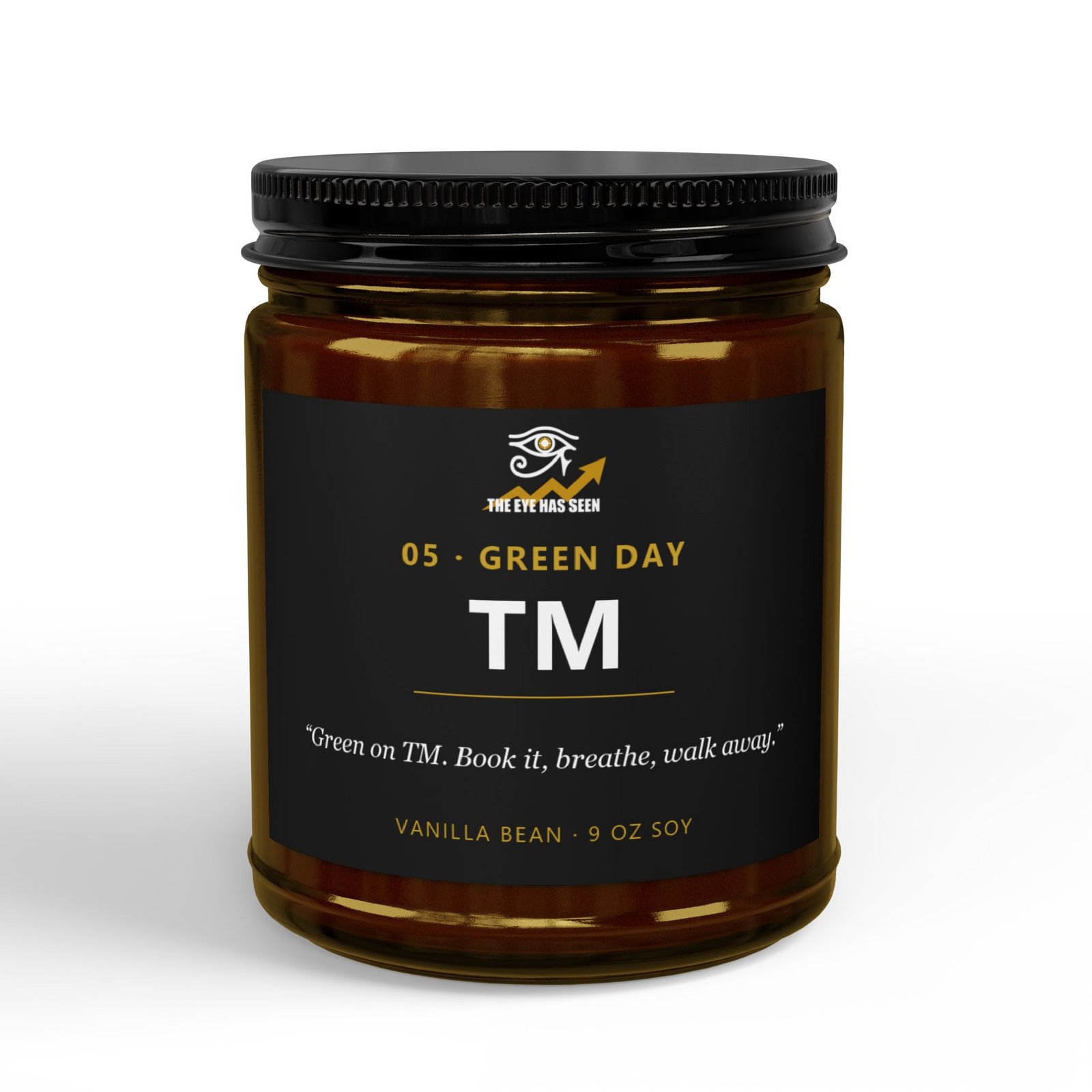 TM Trader Candle – 8 Session Scents, 9oz Soy, Amber Jar