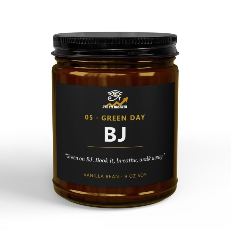 BJ Trader Candle – 8 Session Scents, 9oz Soy, Amber Jar