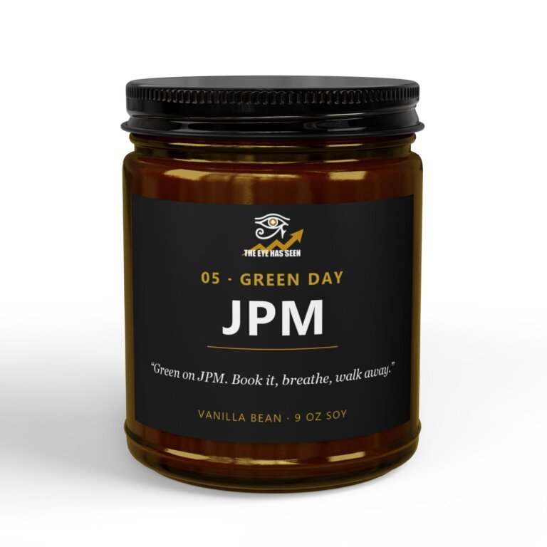 JPM Trader Candle – 8 Session Scents, 9oz Soy, Amber Jar