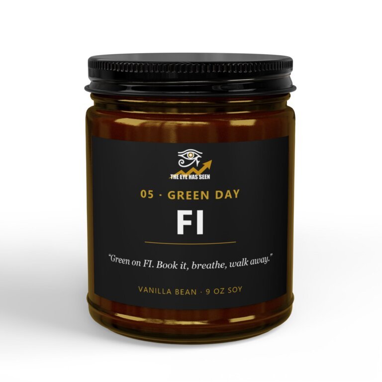 FI Trader Candle – 8 Session Scents, 9oz Soy, Amber Jar